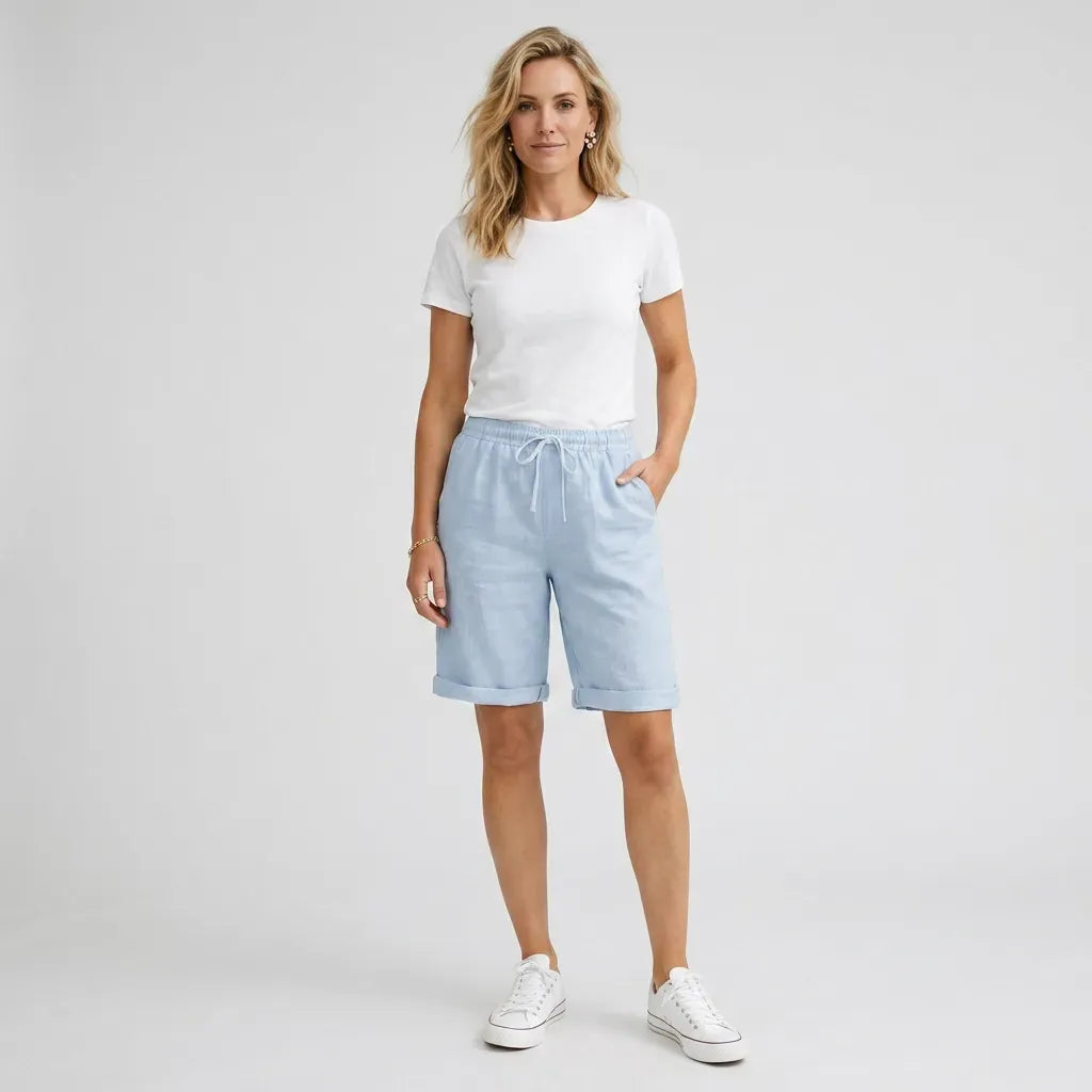Relaxed Linen Bermuda Shorts with Elastic Waist Blue 5
