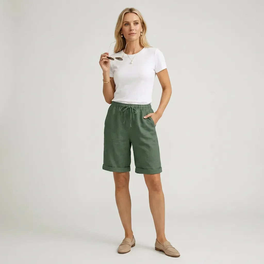 Relaxed Linen Bermuda Shorts with Elastic Waist Green 6