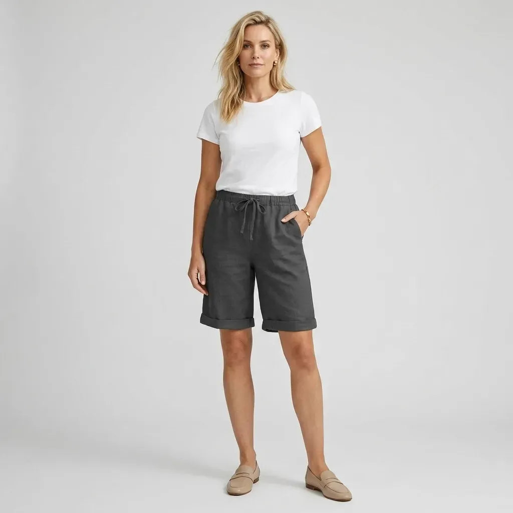 Relaxed Linen Bermuda Shorts with Elastic Waist Black 7