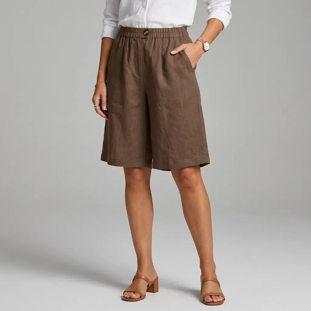 Relaxed Linen Bermuda Shorts with Wide Leg Brown 1