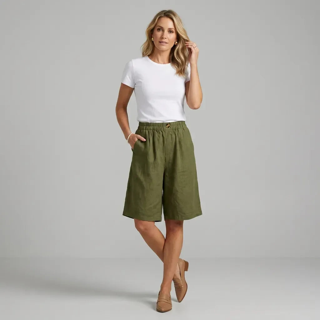 Relaxed Linen Bermuda Shorts with Wide Leg Green 10