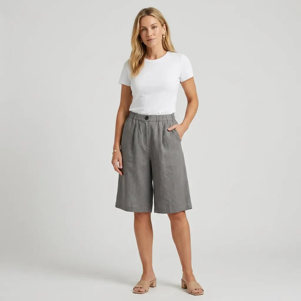 Relaxed Linen Bermuda Shorts with Wide Leg Dark Grey 11