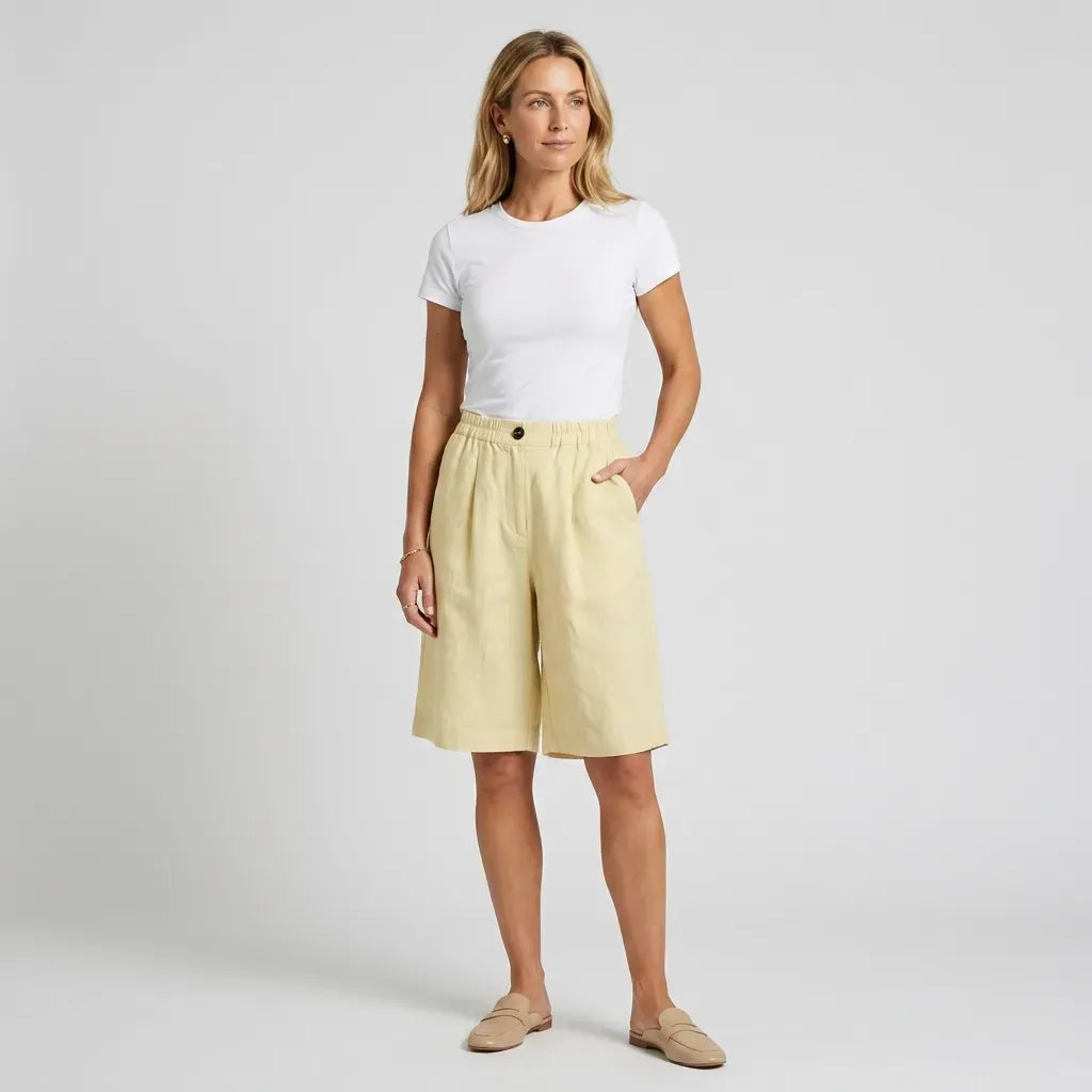 Relaxed Linen Bermuda Shorts with Wide Leg Beige 12
