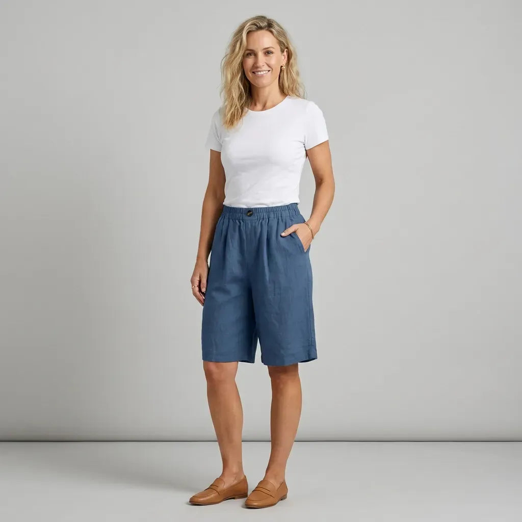 Relaxed Linen Bermuda Shorts with Wide Leg Blue 13