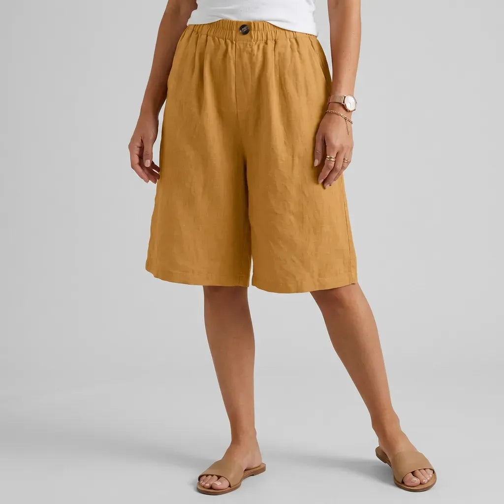 Relaxed Linen Bermuda Shorts with Wide Leg Yellow 2