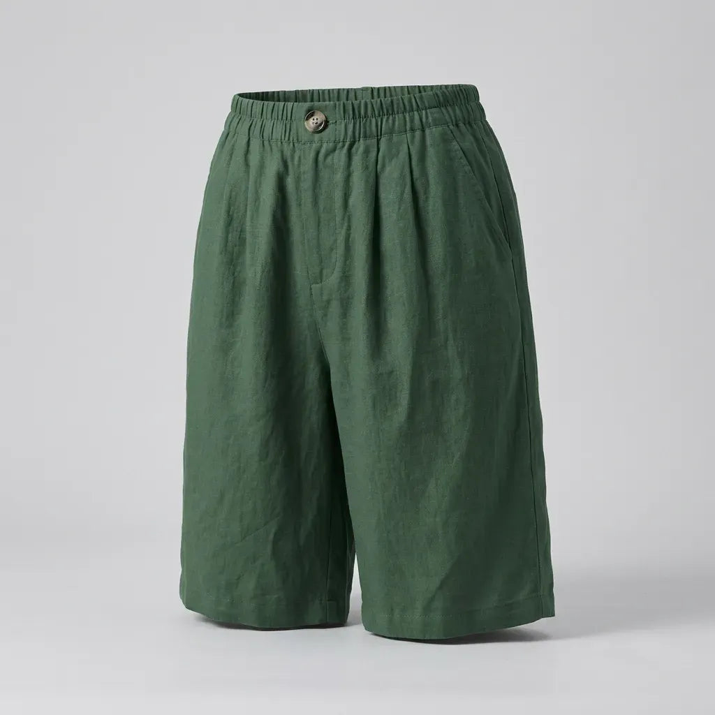 Relaxed Linen Bermuda Shorts with Wide Leg Dark Green 5