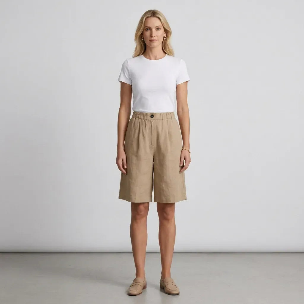 Relaxed Linen Bermuda Shorts with Wide Leg Khaki 6