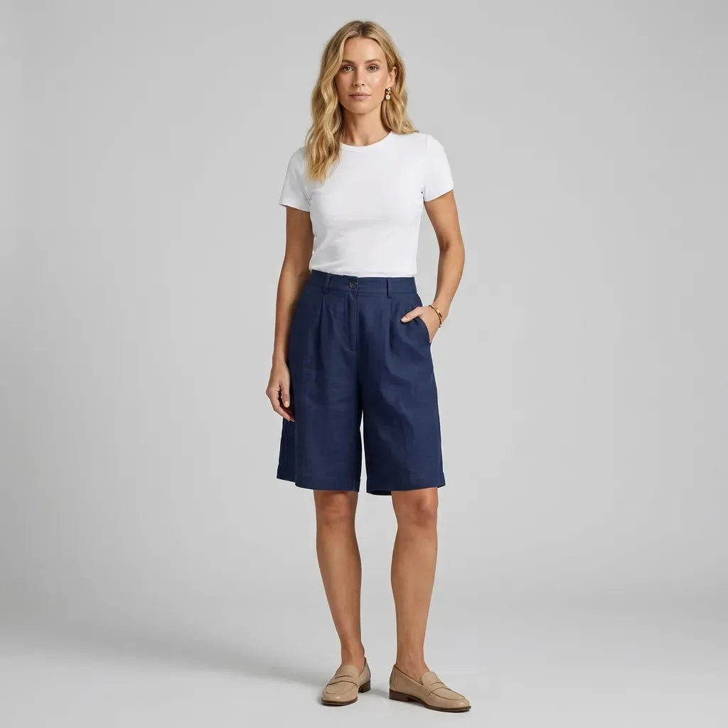 Relaxed Linen Bermuda Shorts with Wide Leg Navy 7