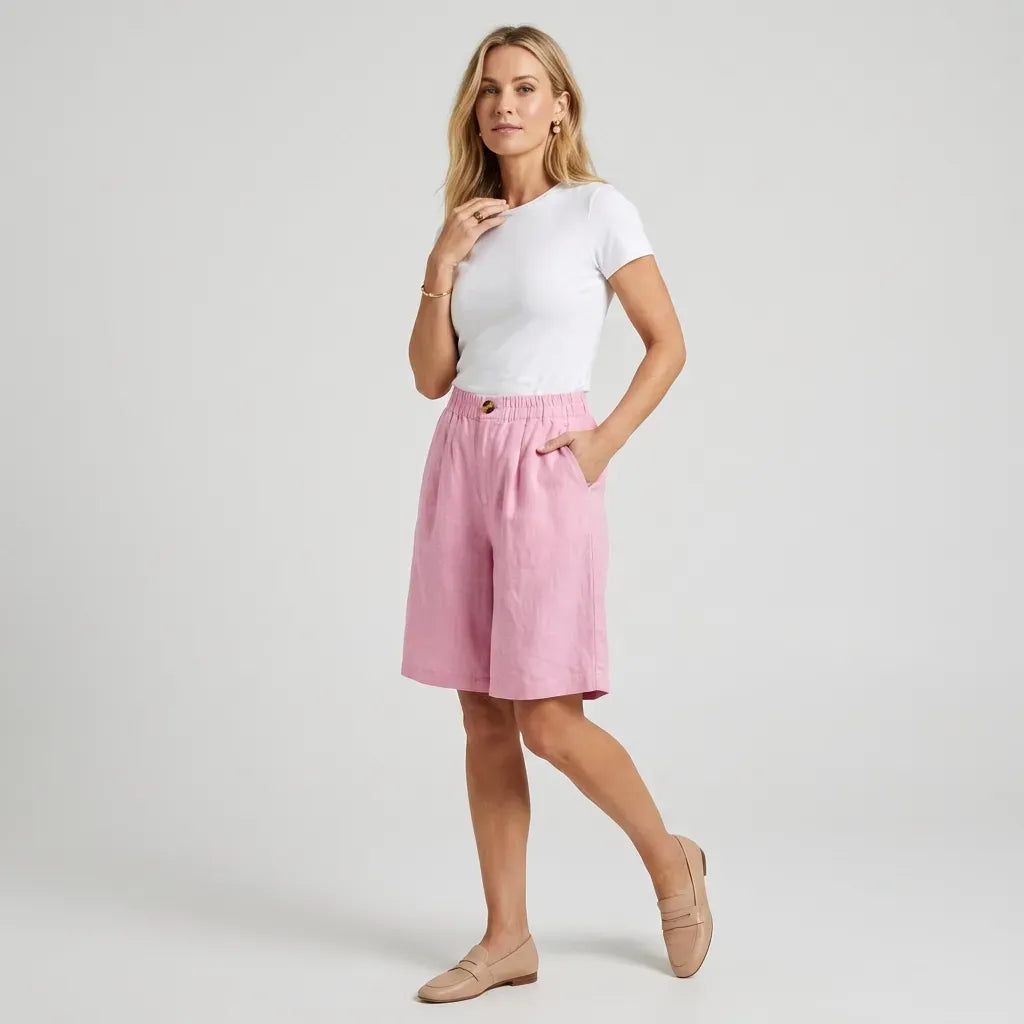 Relaxed Linen Bermuda Shorts with Wide Leg Pink 8