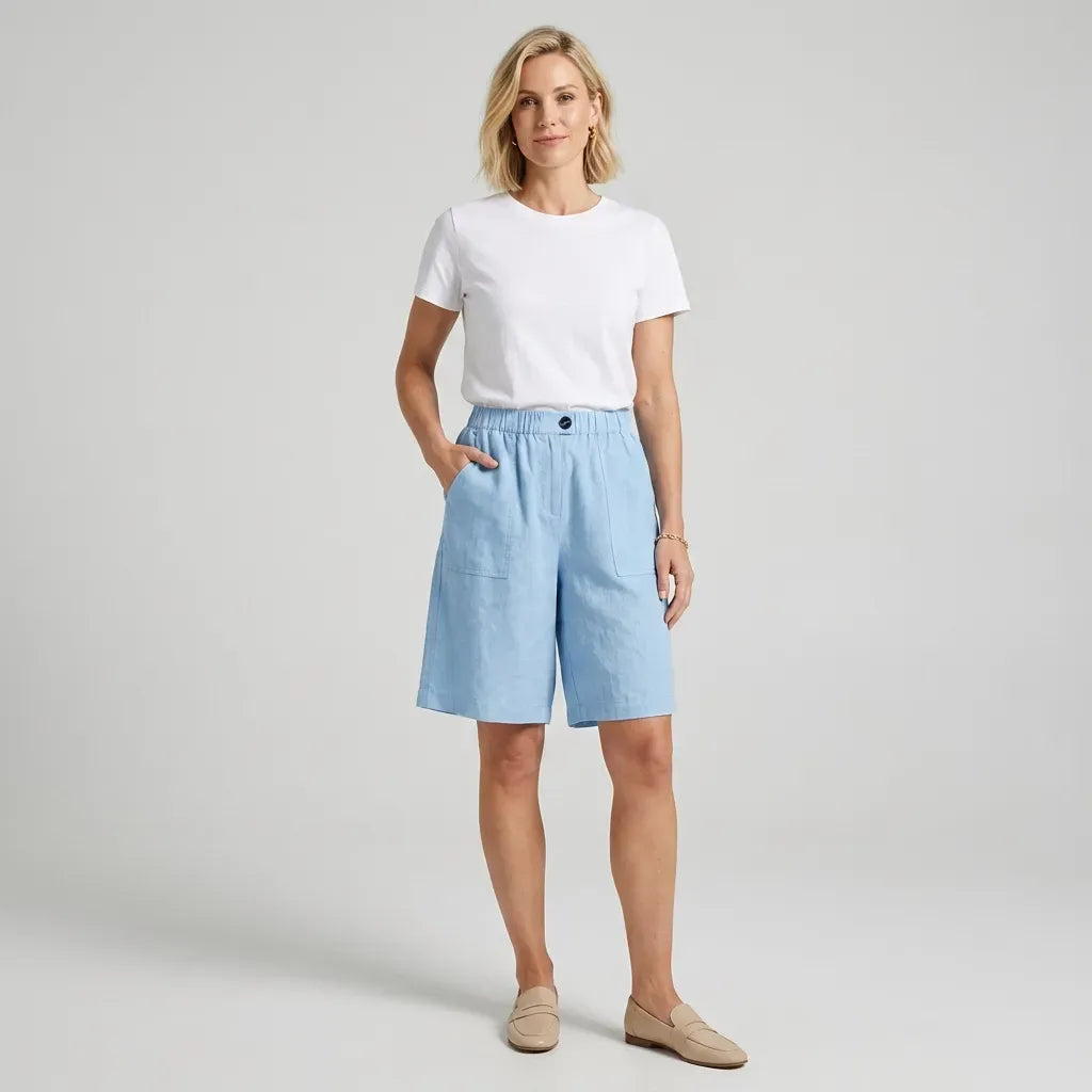 Relaxed Linen Bermuda Shorts with Wide Leg Light Blue 9