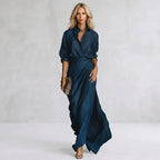 Relaxed Linen Maxi Skirt Set with Long Sleeve Dark Blue 2