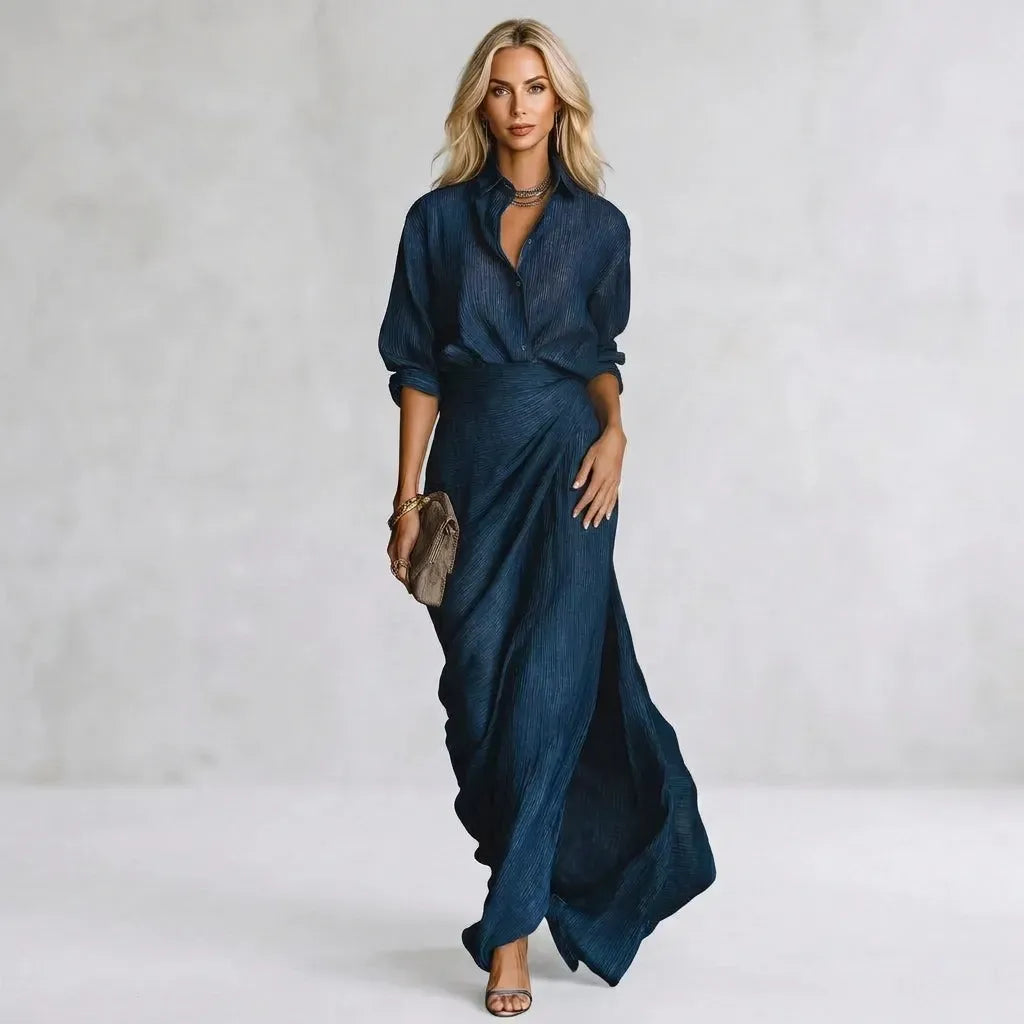 Relaxed Linen Maxi Skirt Set with Long Sleeve Dark Blue 2