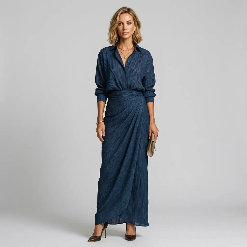 Relaxed Linen Maxi Skirt Set with Long Sleeve Dark Blue 3