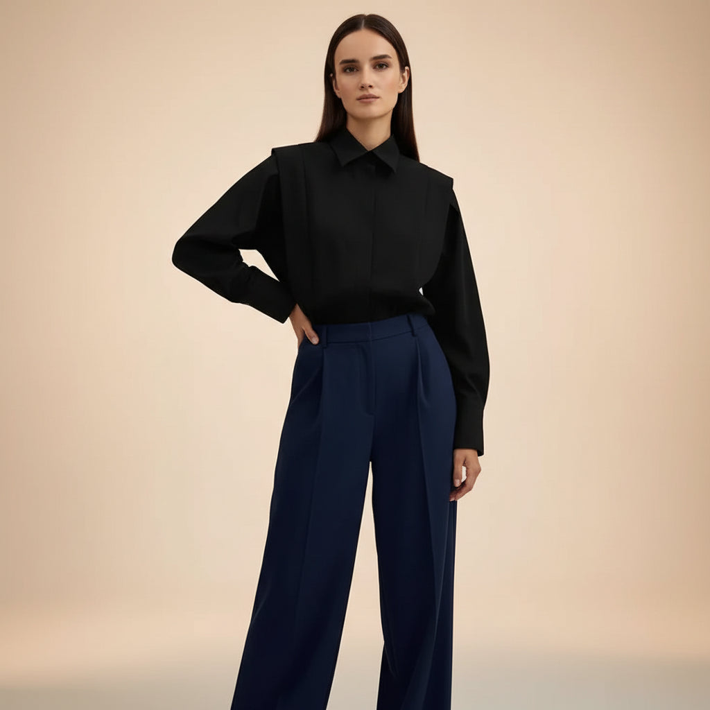 Relaxed Long Sleeve Button Down Shirt with Collar Black 1