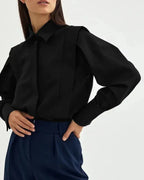 Relaxed Long Sleeve Button Down Shirt with Collar Black 2