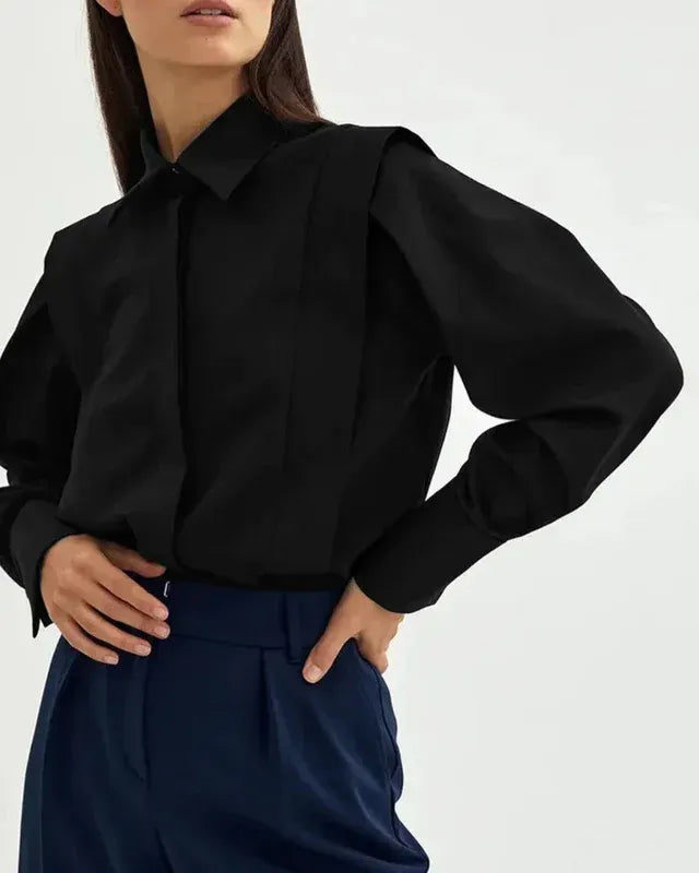 Relaxed Long Sleeve Button Down Shirt with Collar Black 2