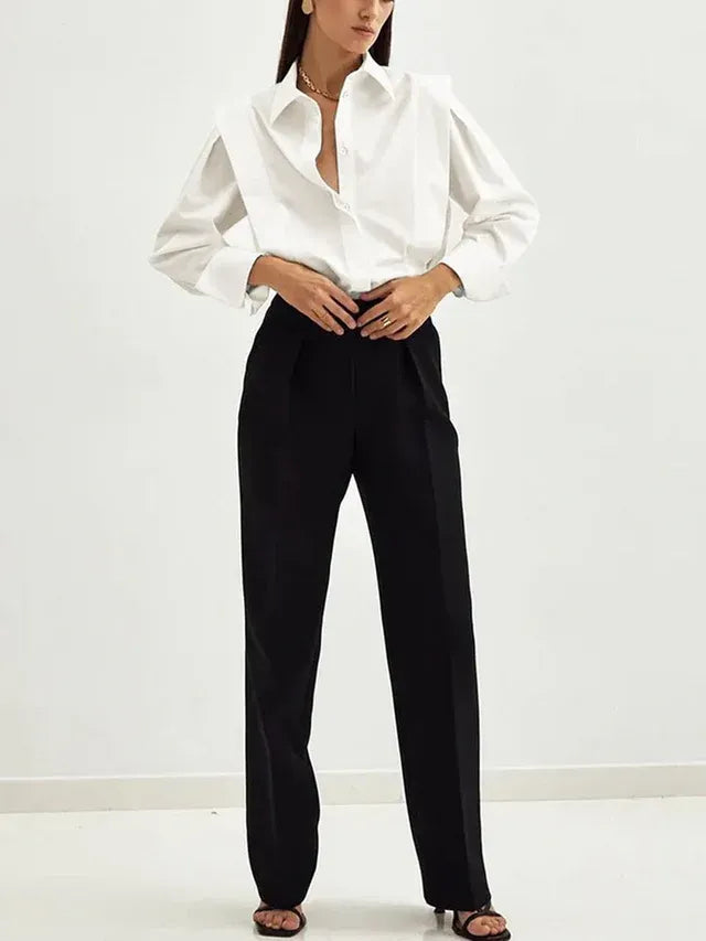Relaxed Long Sleeve Button Down Shirt with Collar White 5