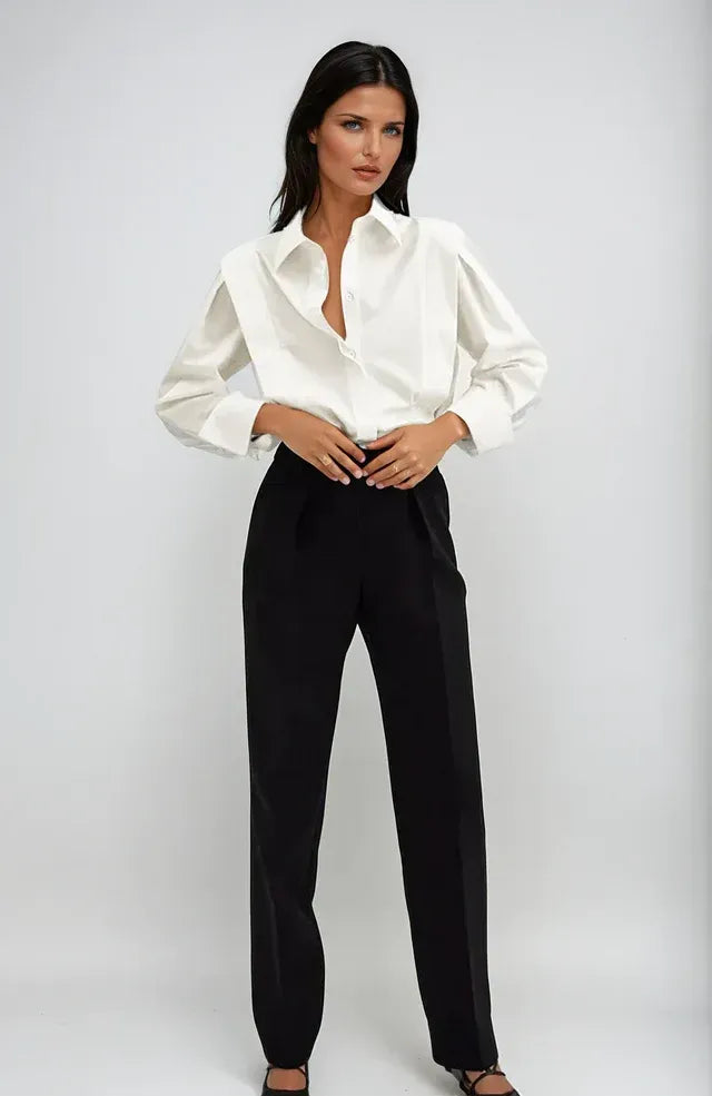 Relaxed Long Sleeve Button Down Shirt with Collar White 8