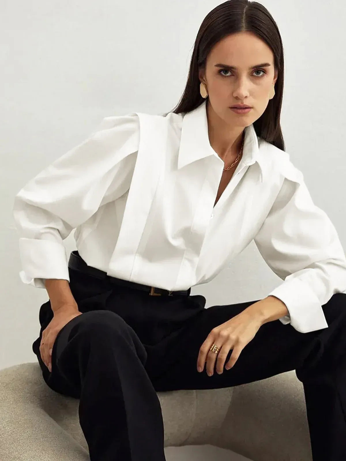 Relaxed Long Sleeve Button Down Shirt with Collar White 9