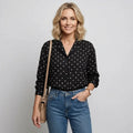 Relaxed Polka Dot Top with Long Sleeves and V-Neck Black 2