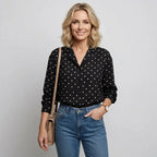 Relaxed Polka Dot Top with Long Sleeves and V-Neck Black 2