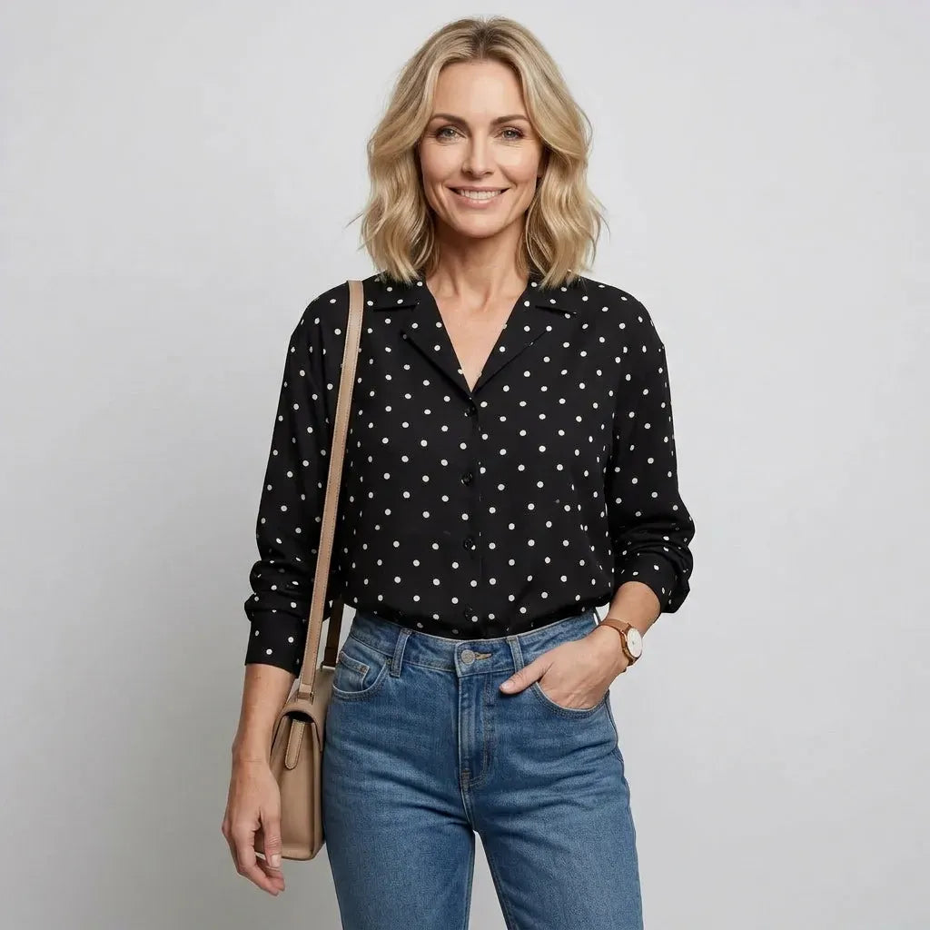 Relaxed Polka Dot Top with Long Sleeves and V-Neck Black 2
