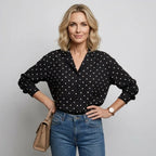 Relaxed Polka Dot Top with Long Sleeves and V-Neck Black 3