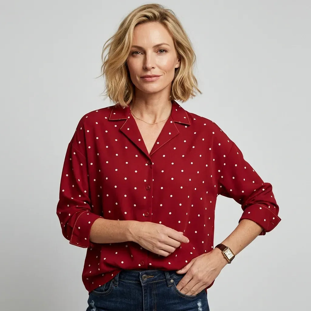 Relaxed Polka Dot Top with Long Sleeves and V-Neck Red 4