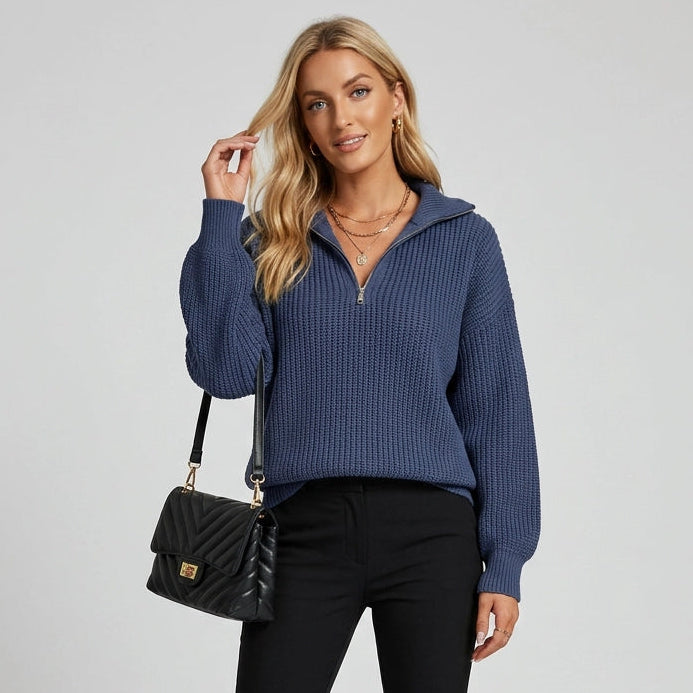 Relaxed Rib Knit Half Zip Sweater Dark Blue 2