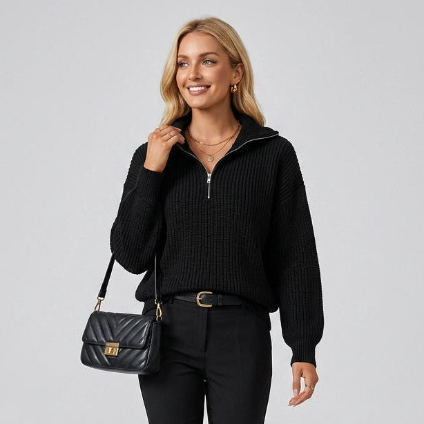 Relaxed Rib Knit Half Zip Sweater Black 9