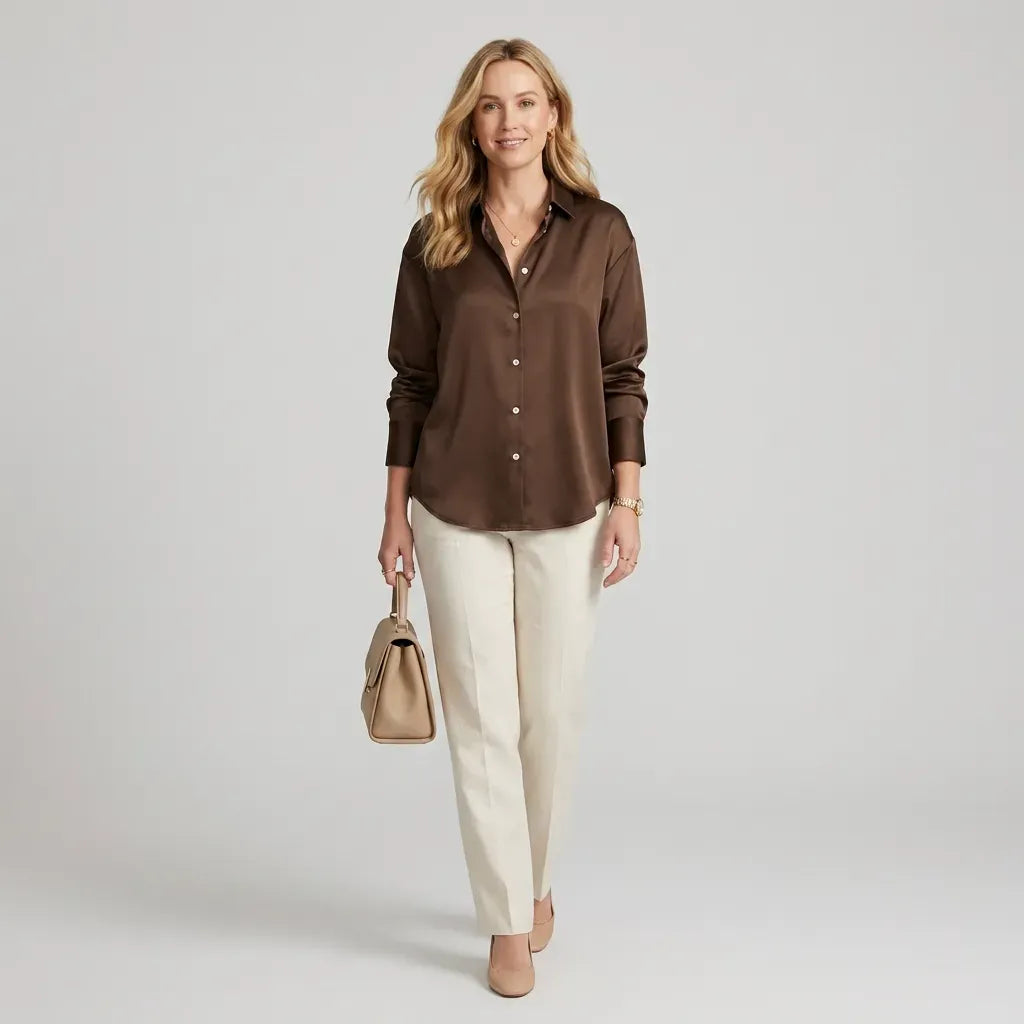 Relaxed Blouse Long Sleeve Button Down Brown 9