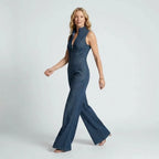 Retro Wide Leg Denim Jumpsuit Zip Up Blue 1