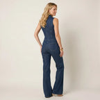 Retro Wide Leg Denim Jumpsuit Zip Up Blue 2