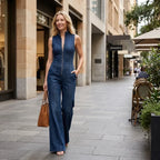 Retro Wide Leg Denim Jumpsuit Zip Up Blue 4