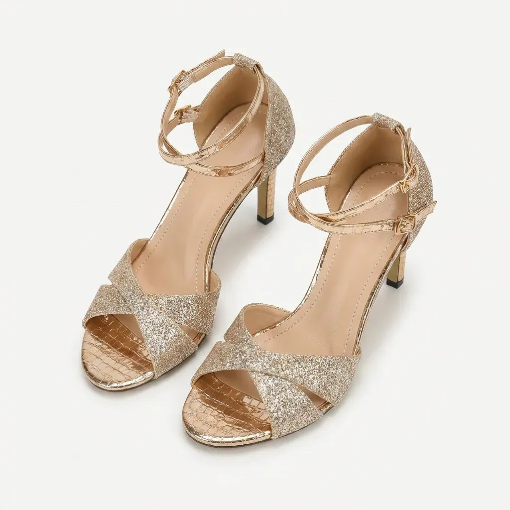 Rhinestone Ankle Strap Stilettos Gold 1