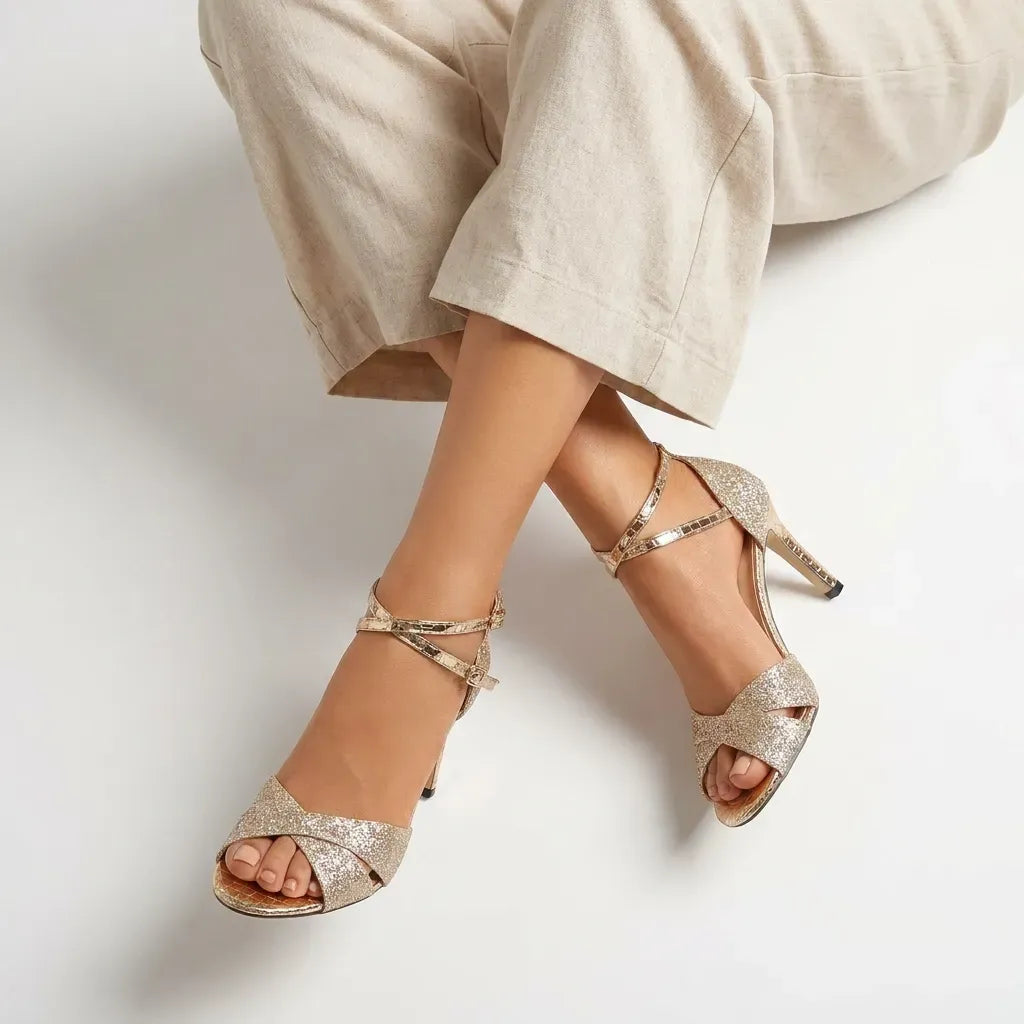 Rhinestone Ankle Strap Stilettos Gold 3