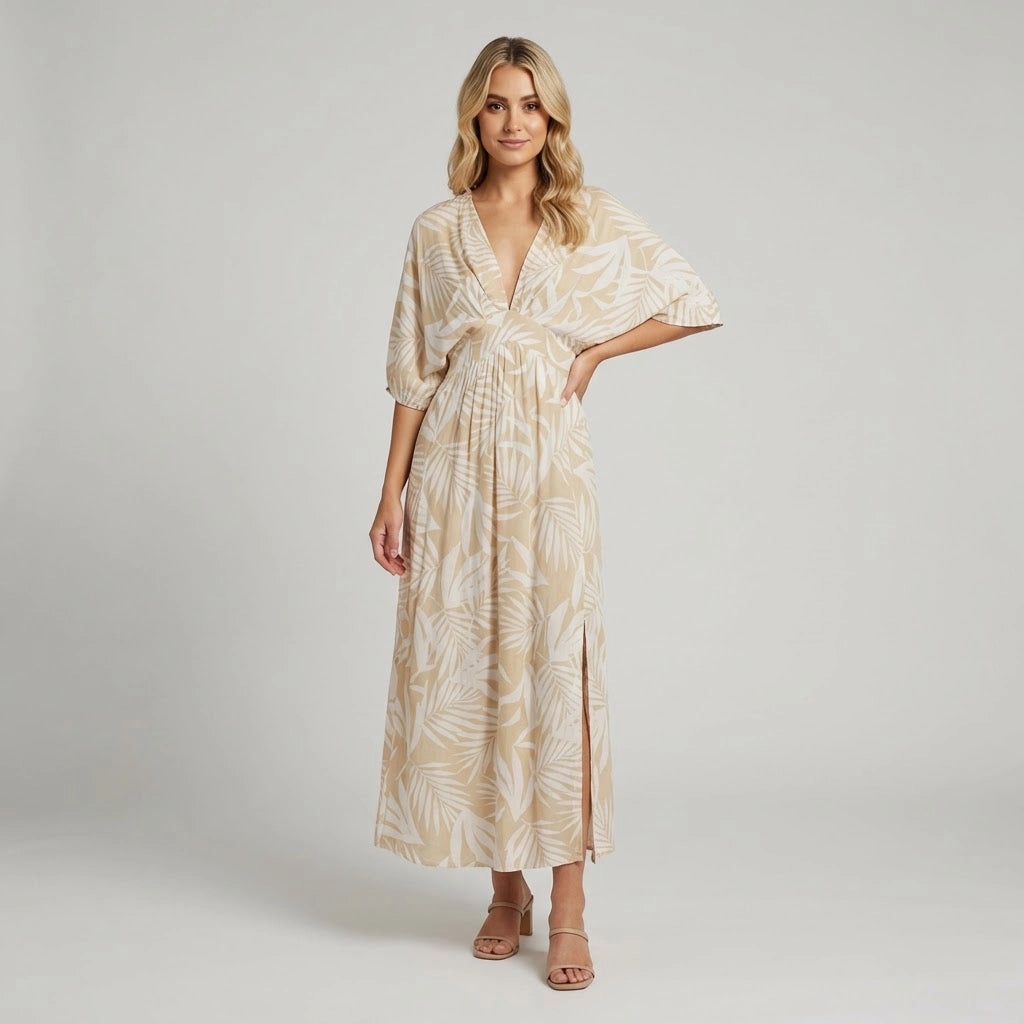 Women's A-Line Maxi Dress With 3/4 Sleeves