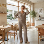 Ribbed Knit Lounge Set with Wide Leg Grey 1
