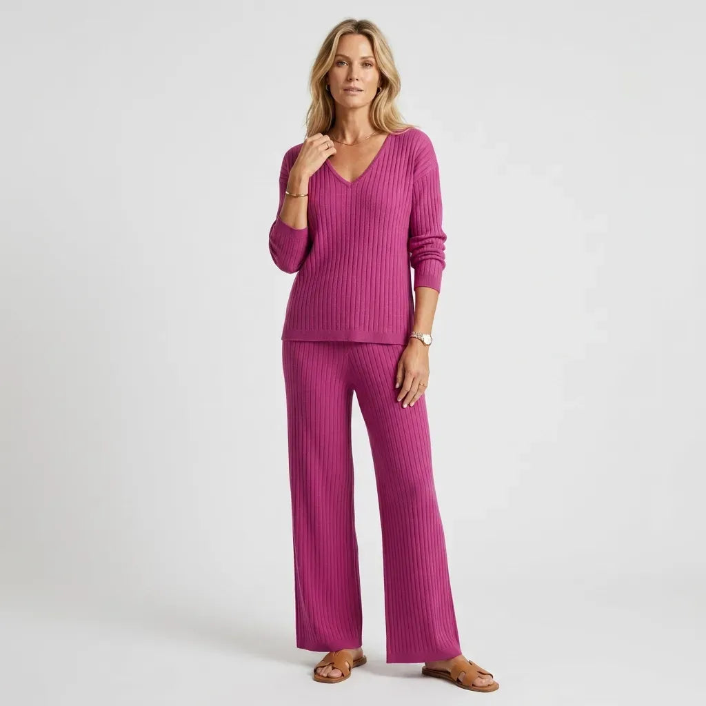 Ribbed Knit Lounge Set with Wide Leg Pink 3