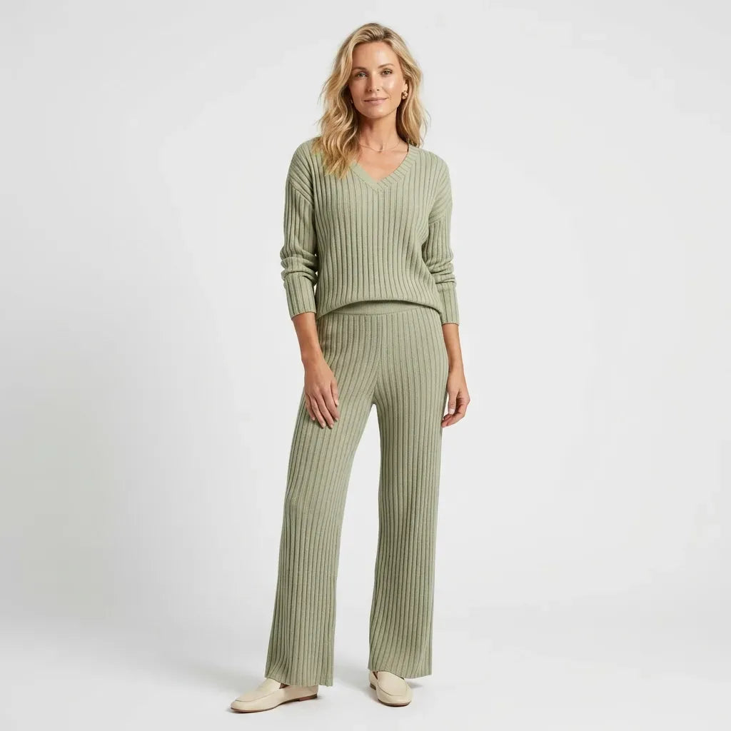 Ribbed Knit Lounge Set with Wide Leg Green 4