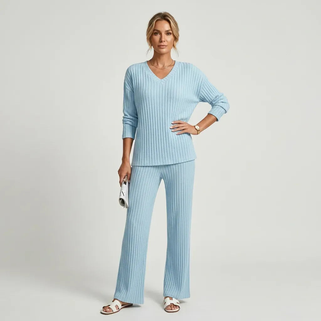 Ribbed Knit Lounge Set with Wide Leg Light Blue 5