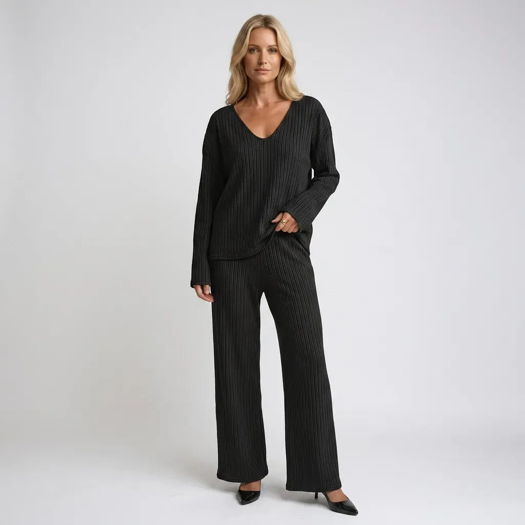 Ribbed Knit Lounge Set with Wide Leg Black 6