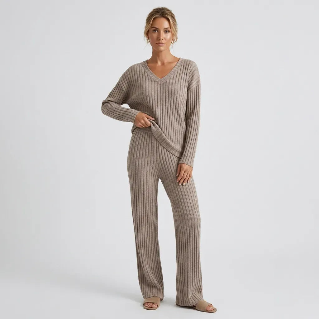 Ribbed Knit Lounge Set with Wide Leg Grey 7