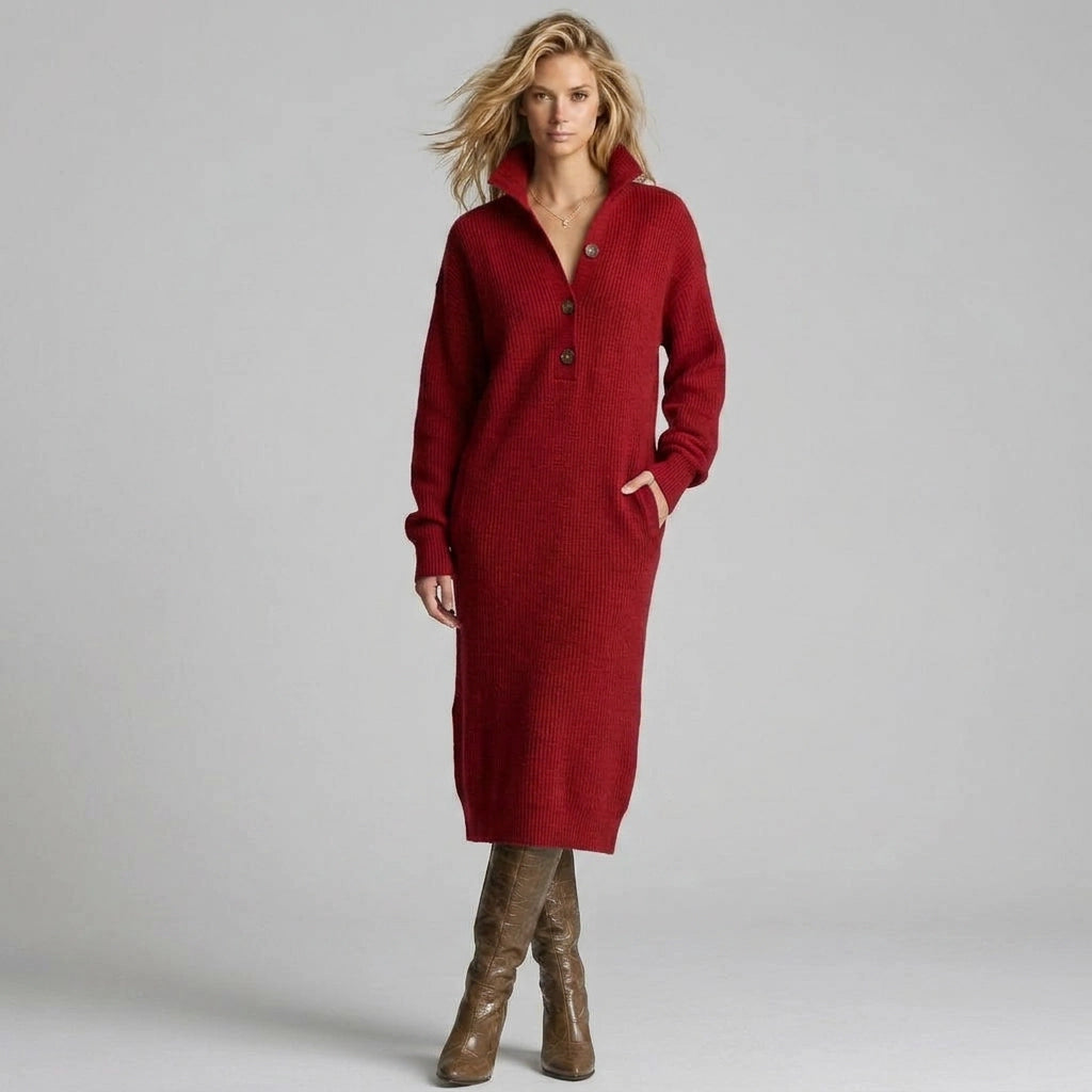 Ribbed Knit Winter Dress with Pockets Red 2