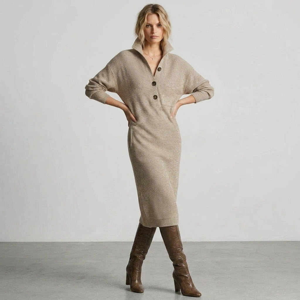 Ribbed Knit Winter Dress with Pockets Khaki 3