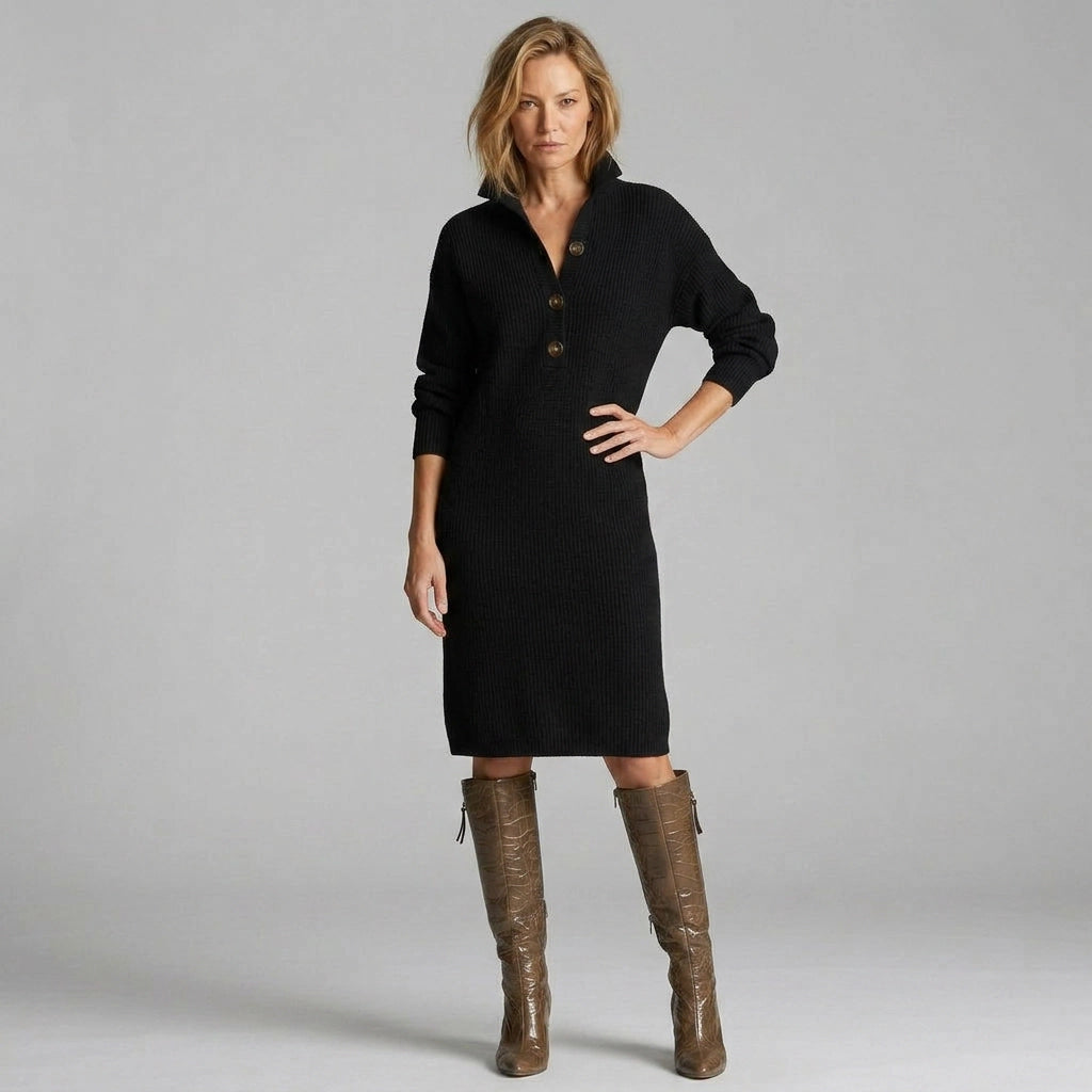 Ribbed Knit Winter Dress with Pockets Black 4