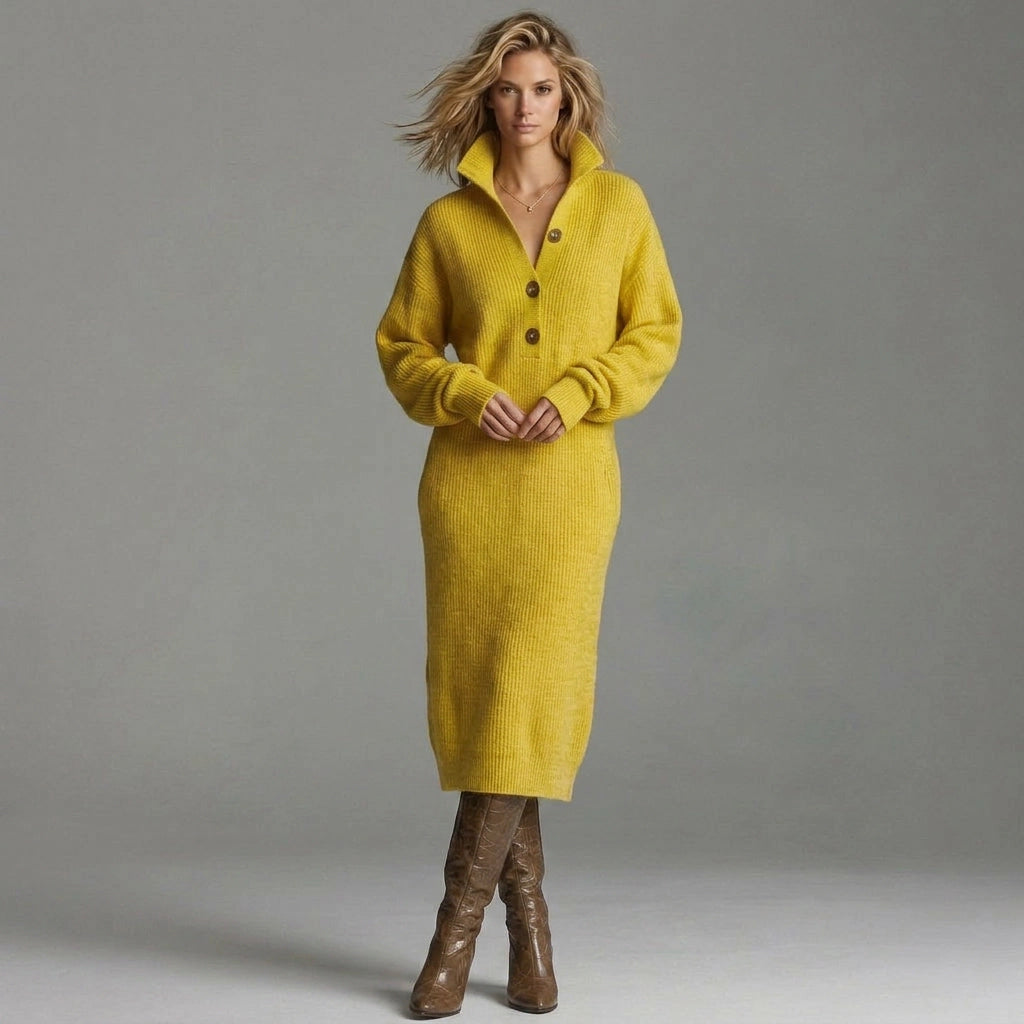 Ribbed Knit Winter Dress with Pockets Yellow 5