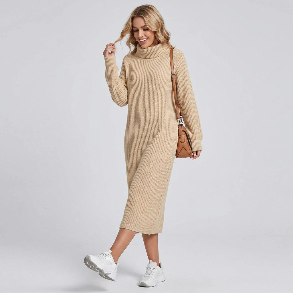 Ribbed Knit Winter Dress with Turtleneck Beige 1