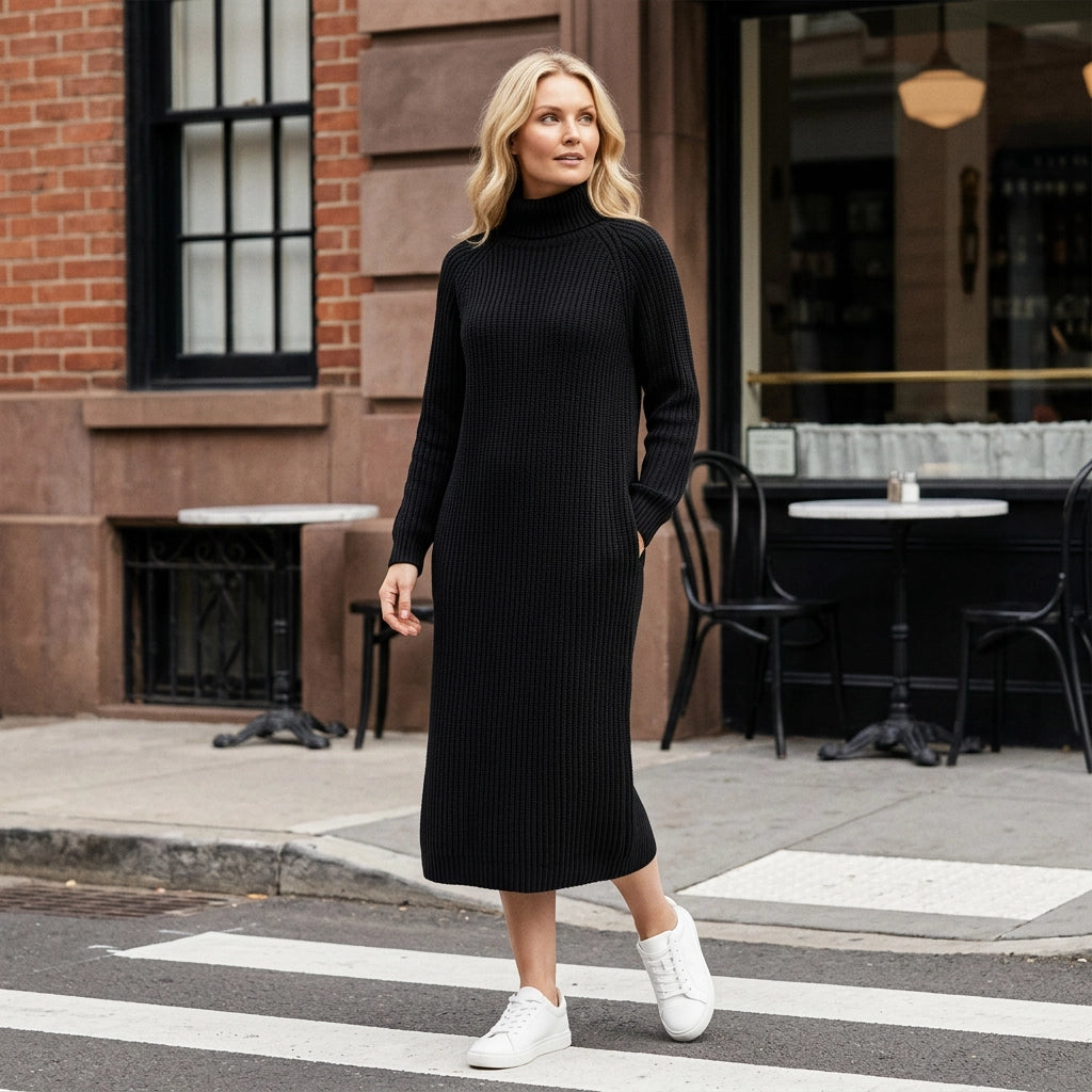 Ribbed Knit Winter Dress with Turtleneck Black 2