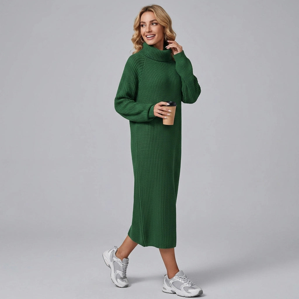 Ribbed Knit Winter Dress with Turtleneck Dark Green 3